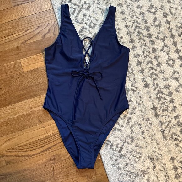 SHEKINI {NWT} Navy Blue Lace Up One Piece Swimsuit | Medium | high leg u back - Picture 2 of 9